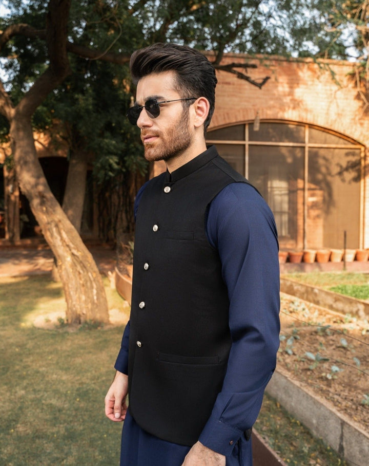 Muraqsh Ready To Wear Solids Cotton Men Navy Blue Kurta Trouser with Black Suiting Waistcoat Round Cut MUR-PB-KS - Summer Collection