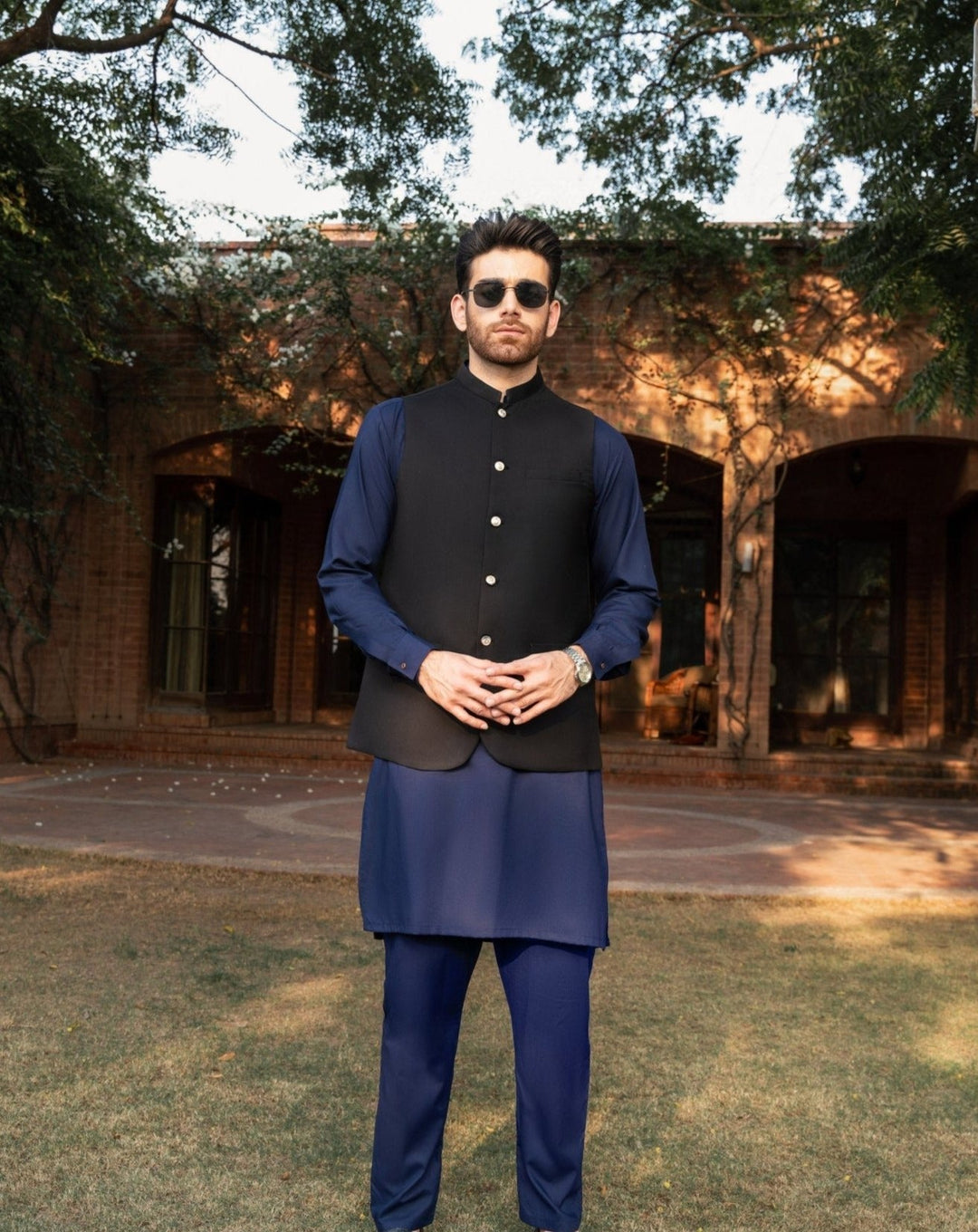Muraqsh Ready To Wear Solids Cotton Men Navy Blue Kurta Trouser with Black Suiting Waistcoat Round Cut MUR-PB-KS - Summer Collection