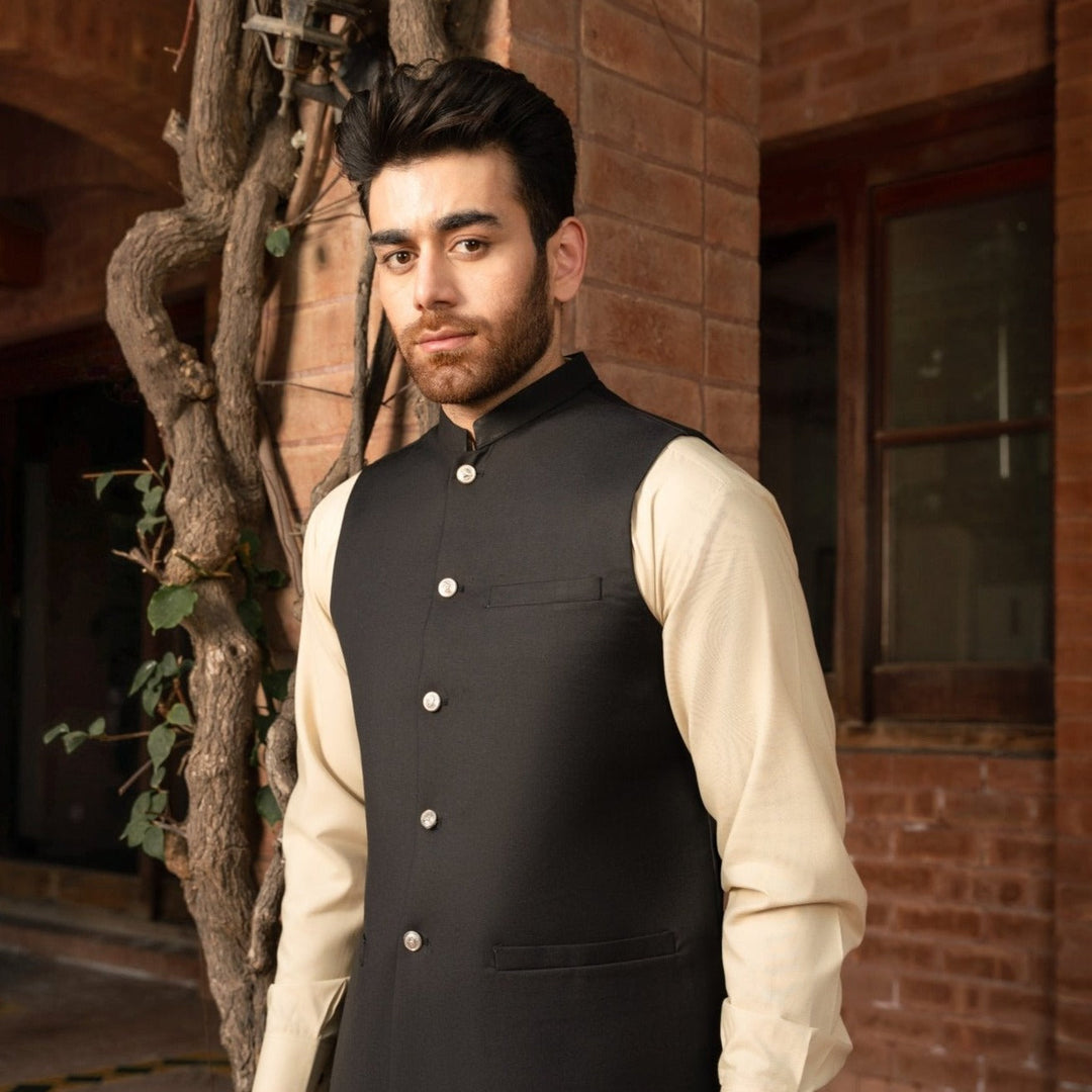 Muraqsh Ready To Wear Solids Cotton Men Black Opal Suiting Waistcoat Round Cut MUR-BO - Summer Collection