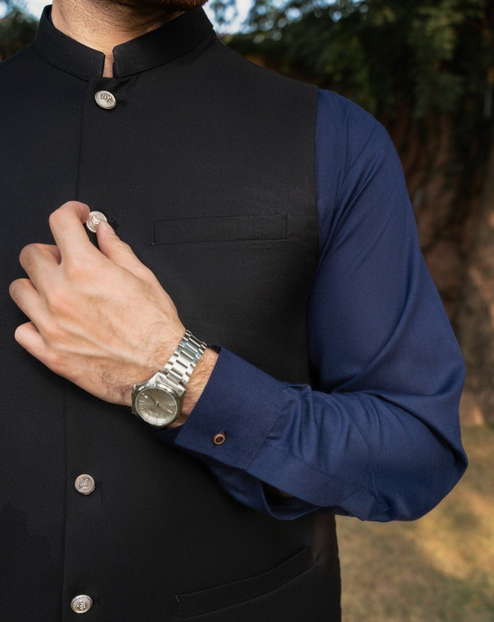 Muraqsh Ready To Wear Solids Cotton Men Black Opal Suiting Waistcoat Round Cut MUR-BO - Summer Collection