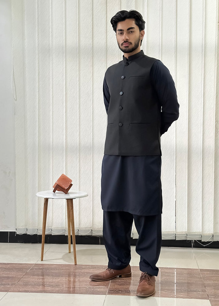 Black Waistcoat with Navy Blue Shalwar Kameez
