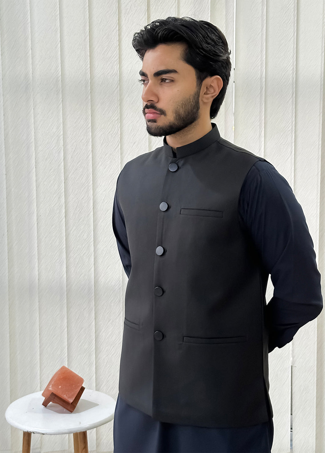 Black Waistcoat with Navy Blue Shalwar Kameez