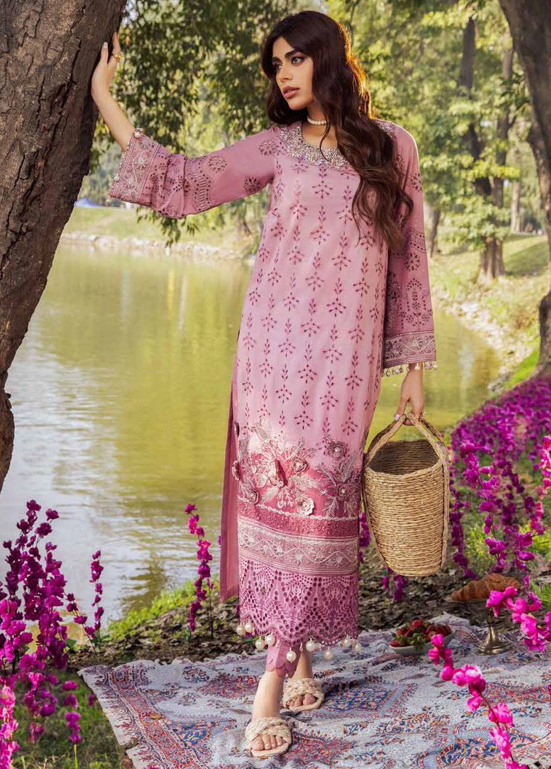 Blooming Summers By Nureh Embroidered Lawn Suits Unstitched 3 Piece NU22BS NI-32 Petal Pink - Luxury Collection