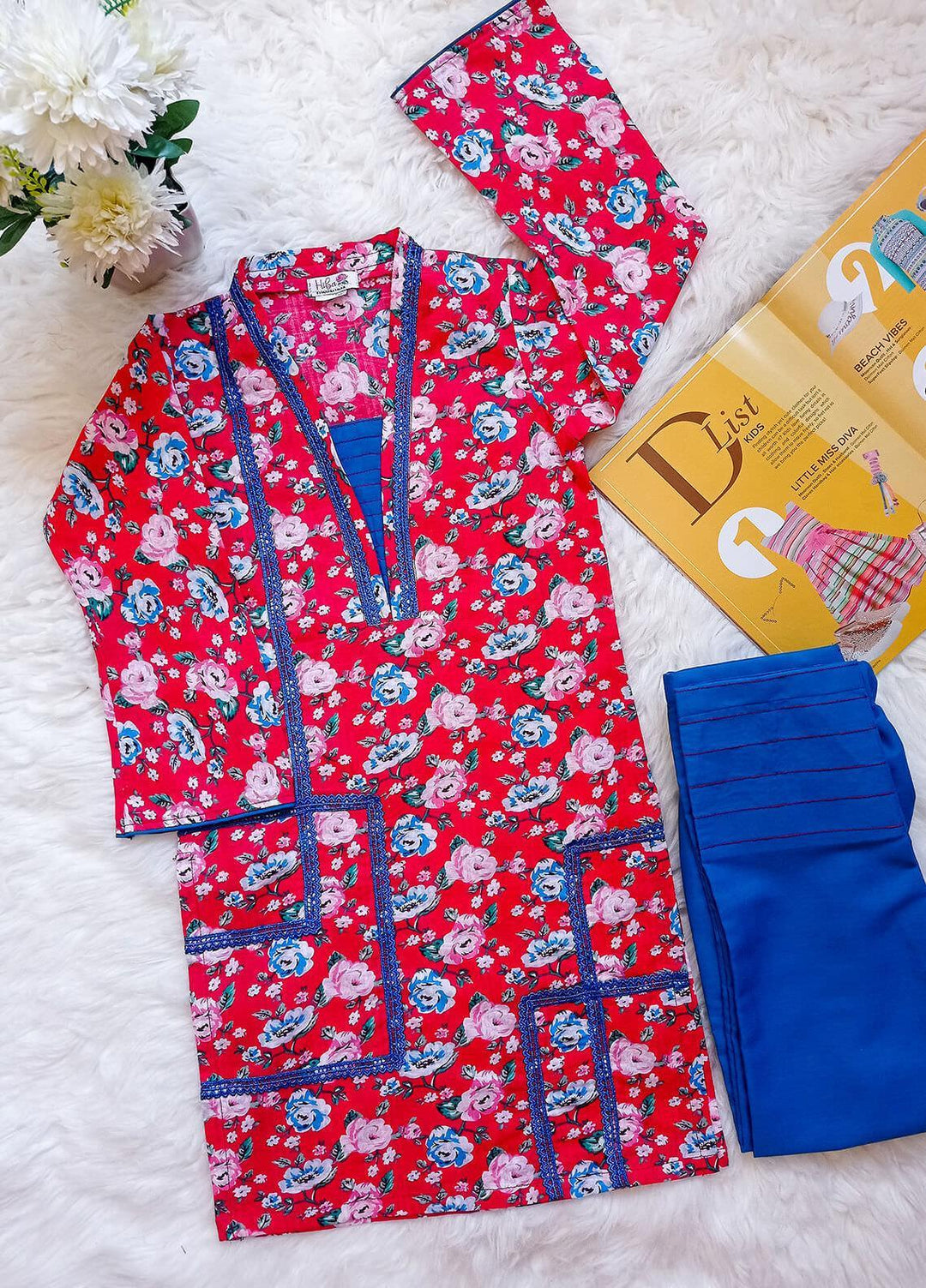 Hiba Clothing Lawn Casual 2 Piece Suit for Girls -  HBT-003 Red Floral