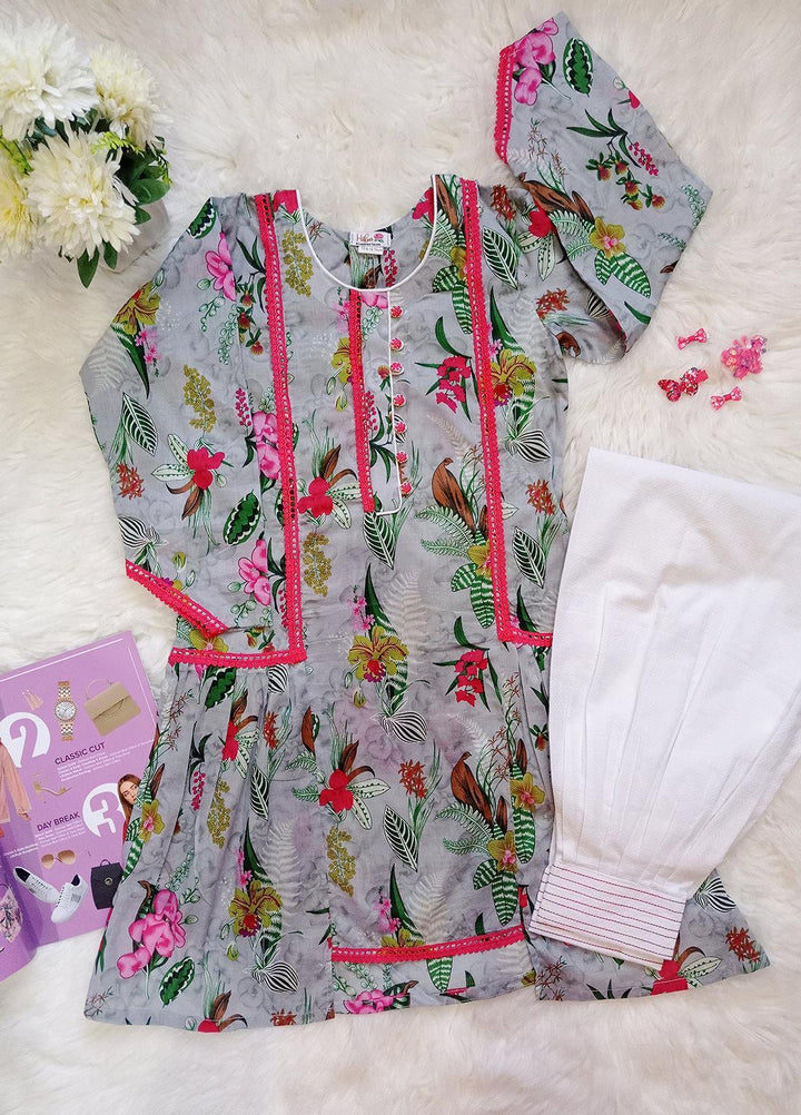 Hiba Clothing Lawn Casual 2 Piece Suit for Girls -  HBT-007 Grey Pink