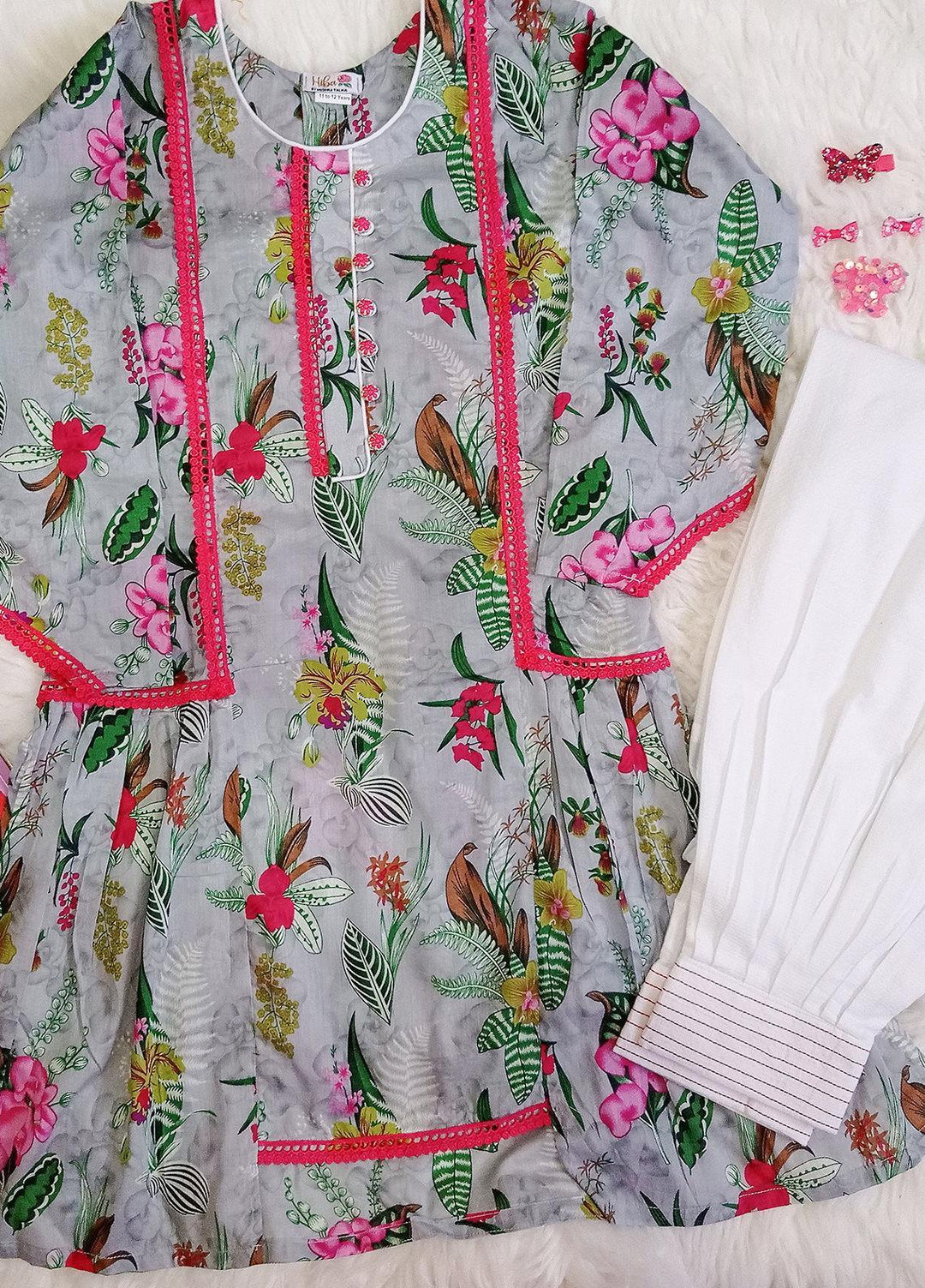 Hiba Clothing Lawn Casual 2 Piece Suit for Girls -  HBT-007 Grey Pink