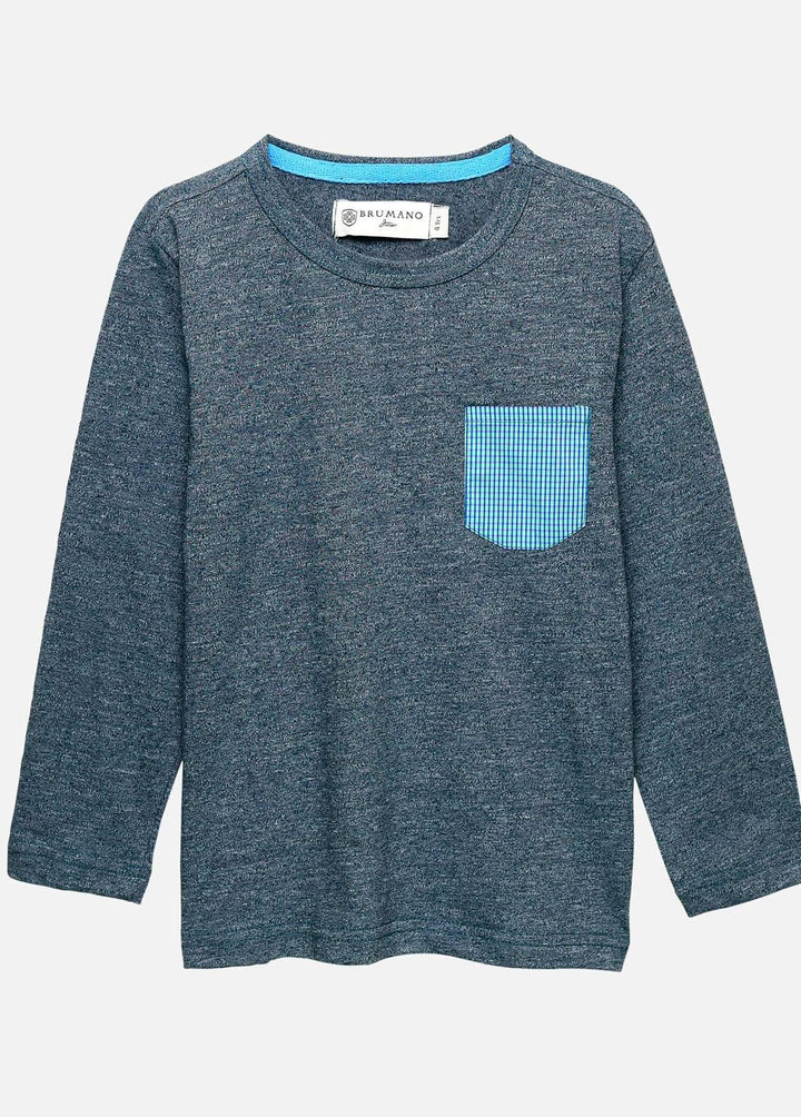 Brumano Cotton Casual T-Shirts for Boys -   Blue Marl Full Sleeve T-Shirt With Contrasting Pocket - Junior