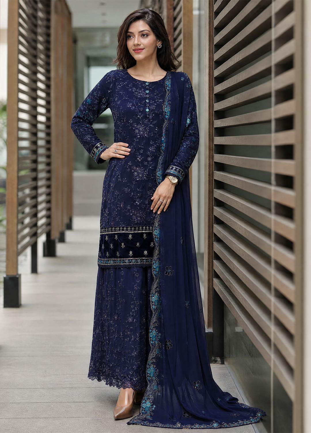 Fasane by HZ Textiles RTW Embroidered Chiffon 3 Piece Suit HZ26UCF HZK-239 Navy - Festive Collection