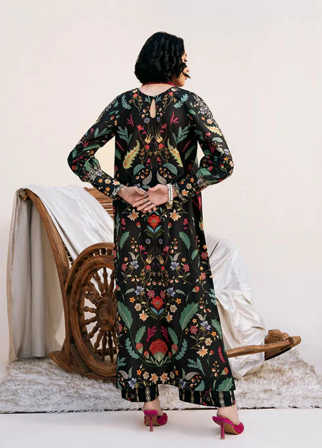 Bon Soir by Florent Pret Printed Crepe Silk 2 Piece Suit Primrose Black