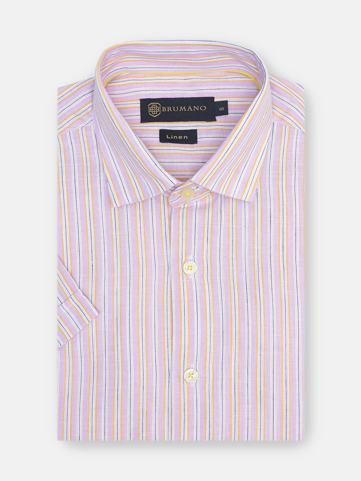 Brumano Ready To Wear Shirts Men 1 Piece Cotton Pink Linen Striped Half Sleeve Shirt 0-33-024-3351 - Summer Collection