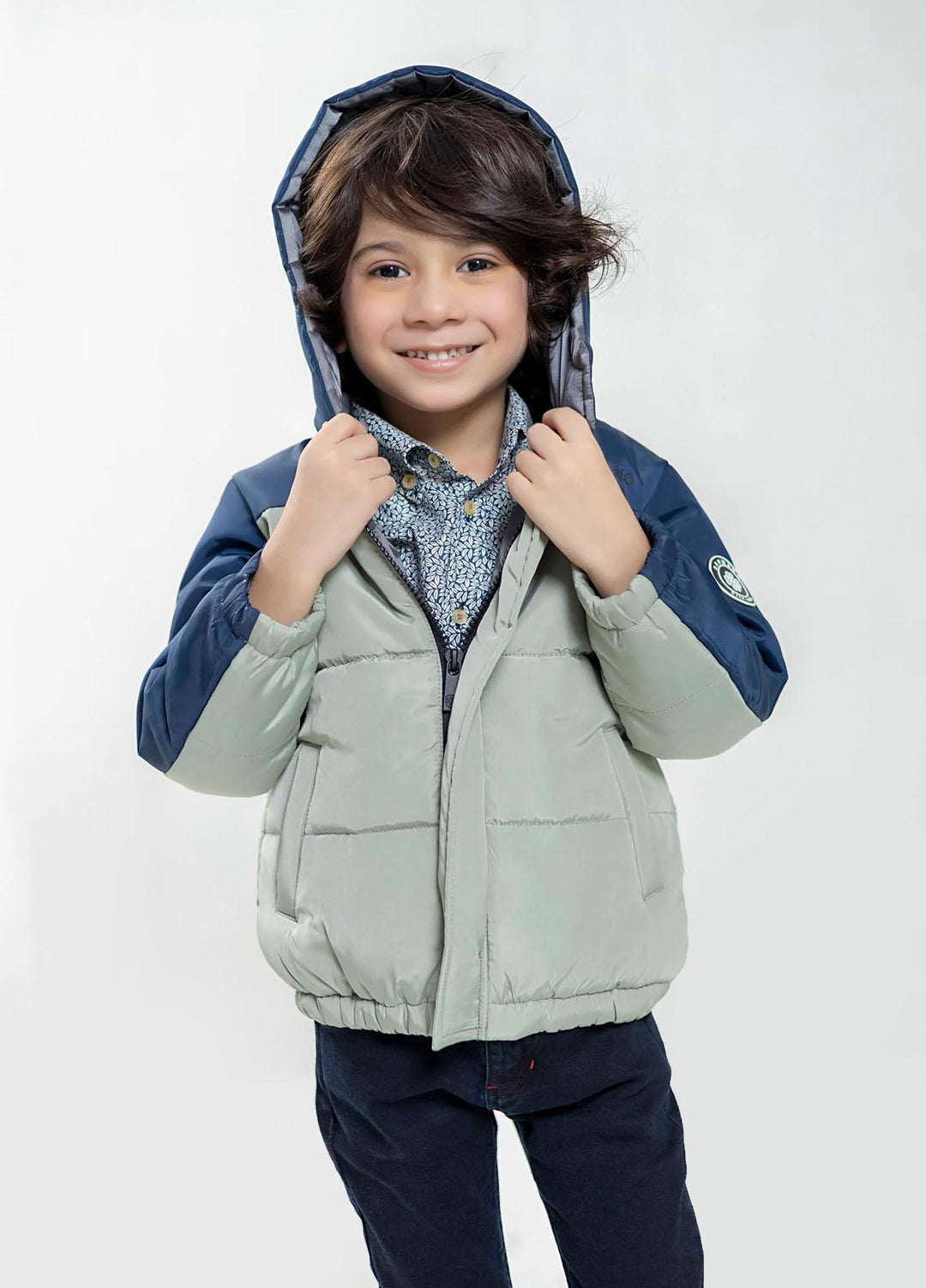 Brumano   Jackets for Kids -  Sage Green & Navy Blue Casual Jacket With Hoodie - Unisex BRM-JNR-1912