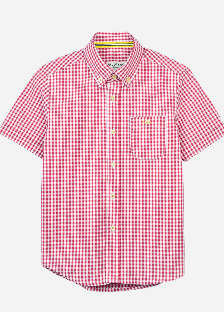 Brumano  Casual Shirts for Boys -  Red Gingham Seersucked Short Sleeve Casual Shirt BRM-JNR-1505
