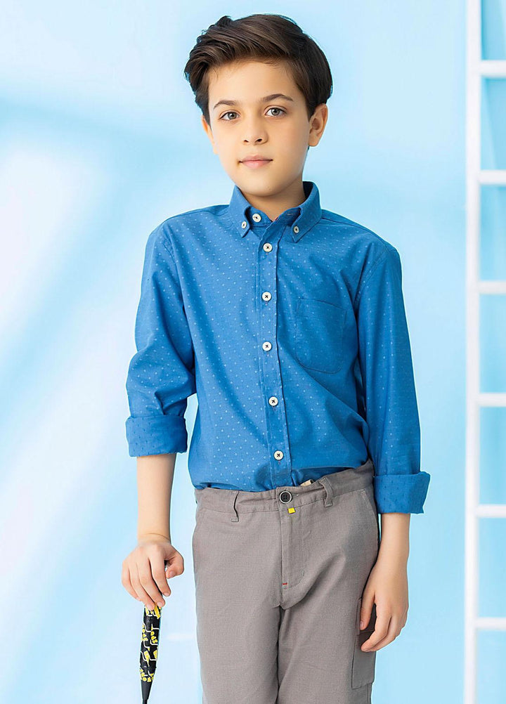 Brumano  Casual Shirts for Boys -  Blue Poplin Long Sleeve Button Down Casual Shirt BRM-JNR-1518