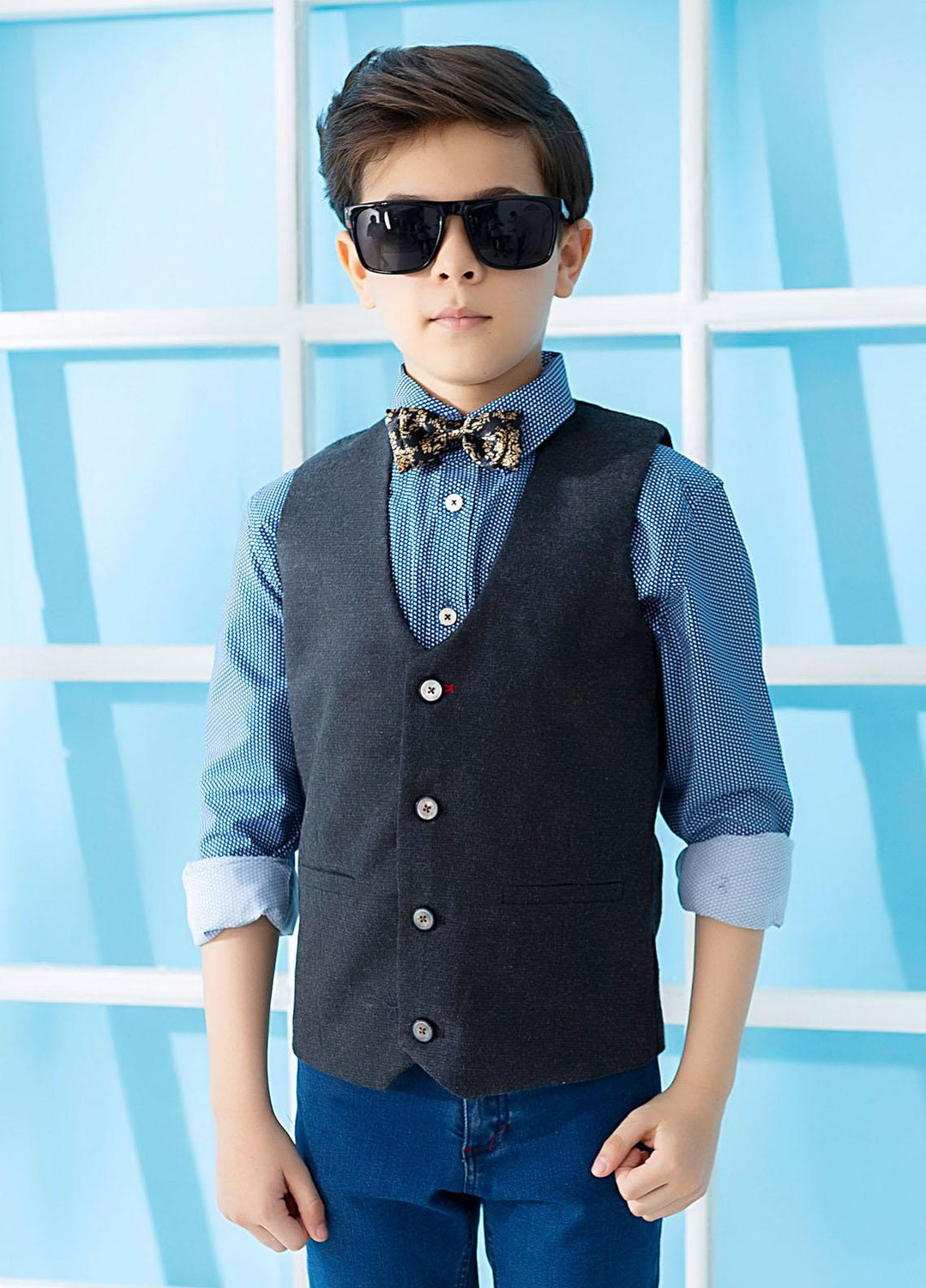 Brumano  Casual Vest for Boys -  Charcoal Micro Checkered Suit Vest With Bow BRM-JNR-1407