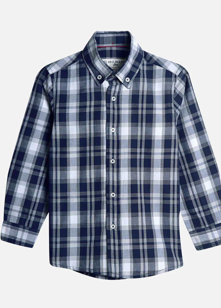 Brumano Cotton  Shirt for Boys -  Navy Blue & White Long Sleeve Checkered Shirt-SS2022
