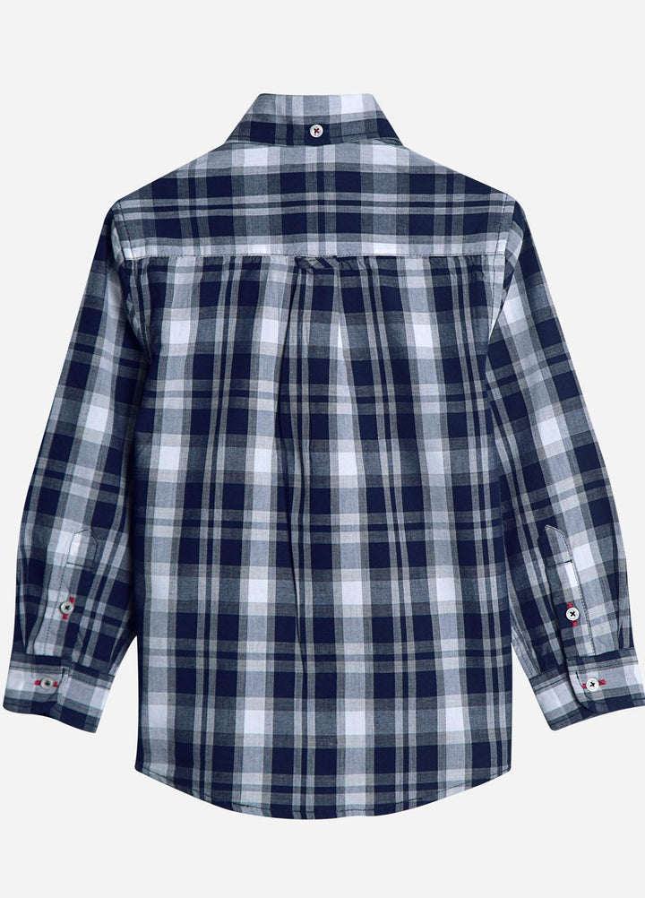Brumano Cotton  Shirt for Boys -  Navy Blue & White Long Sleeve Checkered Shirt-SS2022