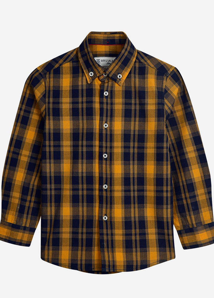 Brumano Cotton  Boys Shirt -  Yellow & Blue Long Sleeve Checkered Shirt-SS2022