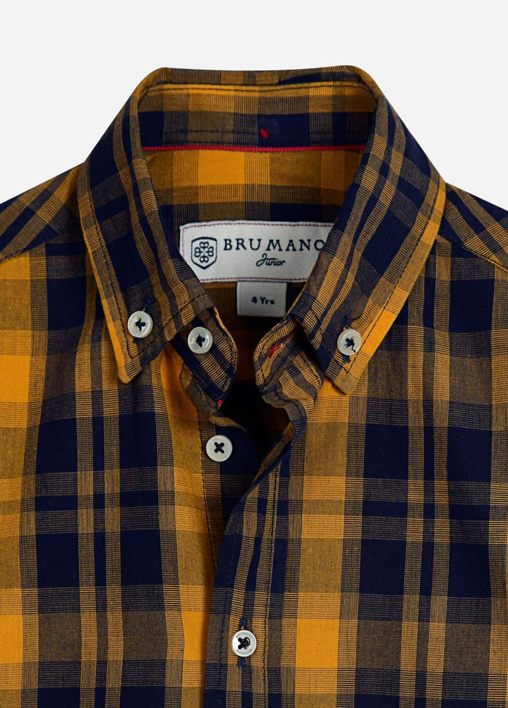 Brumano Cotton  Boys Shirt -  Yellow & Blue Long Sleeve Checkered Shirt-SS2022
