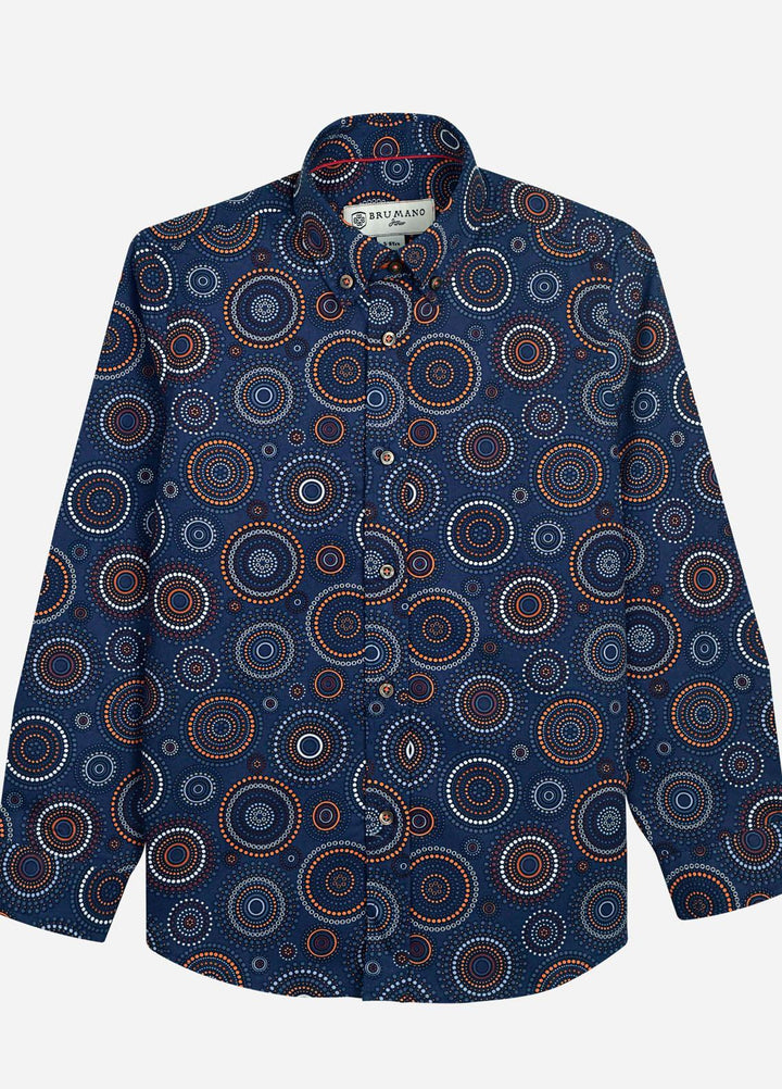 Brumano Cotton  Boys Shirt -  Navy & Orange Circle Printed Casual Shirt-SS2022