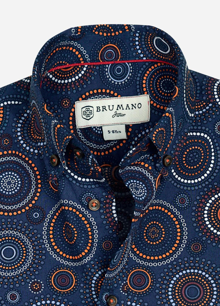 Brumano Cotton  Boys Shirt -  Navy & Orange Circle Printed Casual Shirt-SS2022