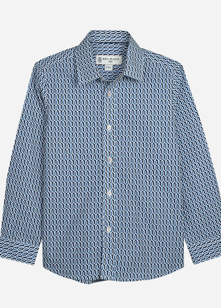 Brumano Cotton  Shirt for Boys -  Blue Geometric Pattern Casual Long Sleeve Shirt-SS2022