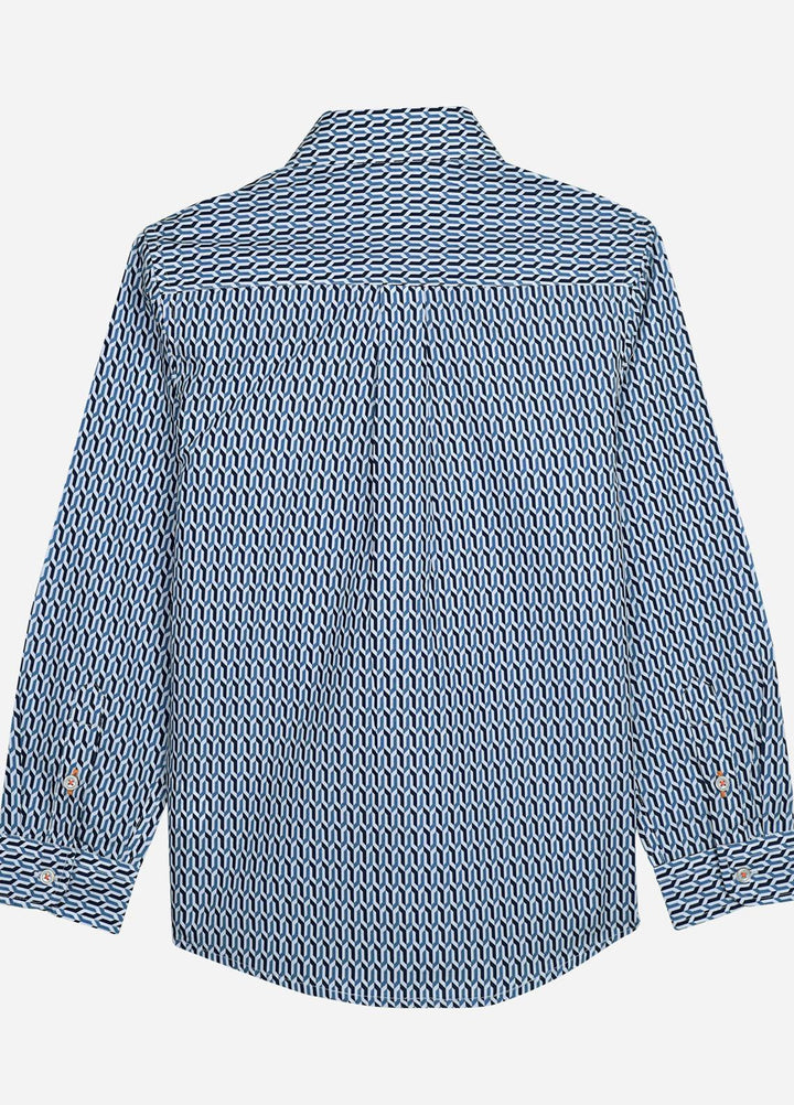 Brumano Cotton  Shirt for Boys -  Blue Geometric Pattern Casual Long Sleeve Shirt-SS2022