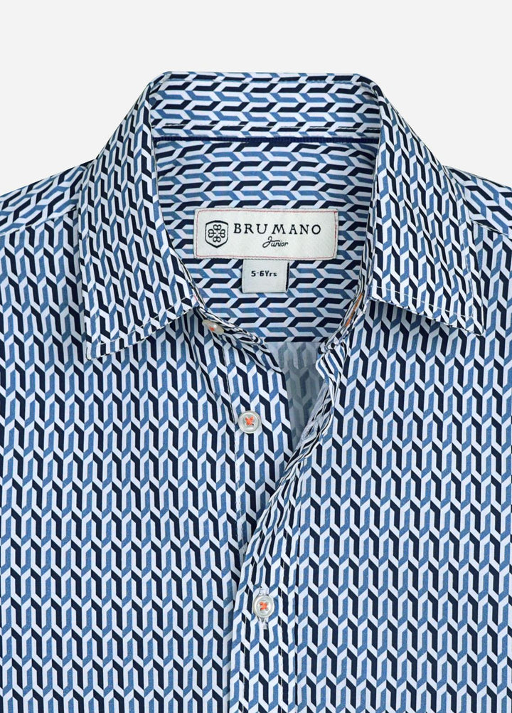 Brumano Cotton  Shirt for Boys -  Blue Geometric Pattern Casual Long Sleeve Shirt-SS2022