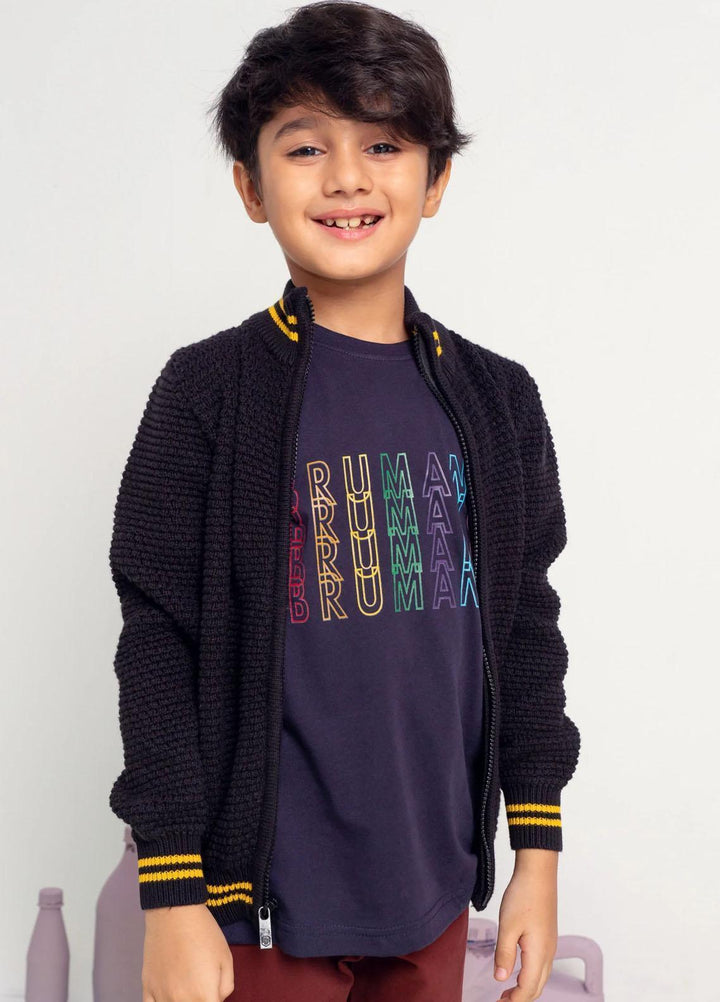 Brumano   Zipper for Kids -  BRM-JNR-136 Black Textured Casual Zipper Sweater