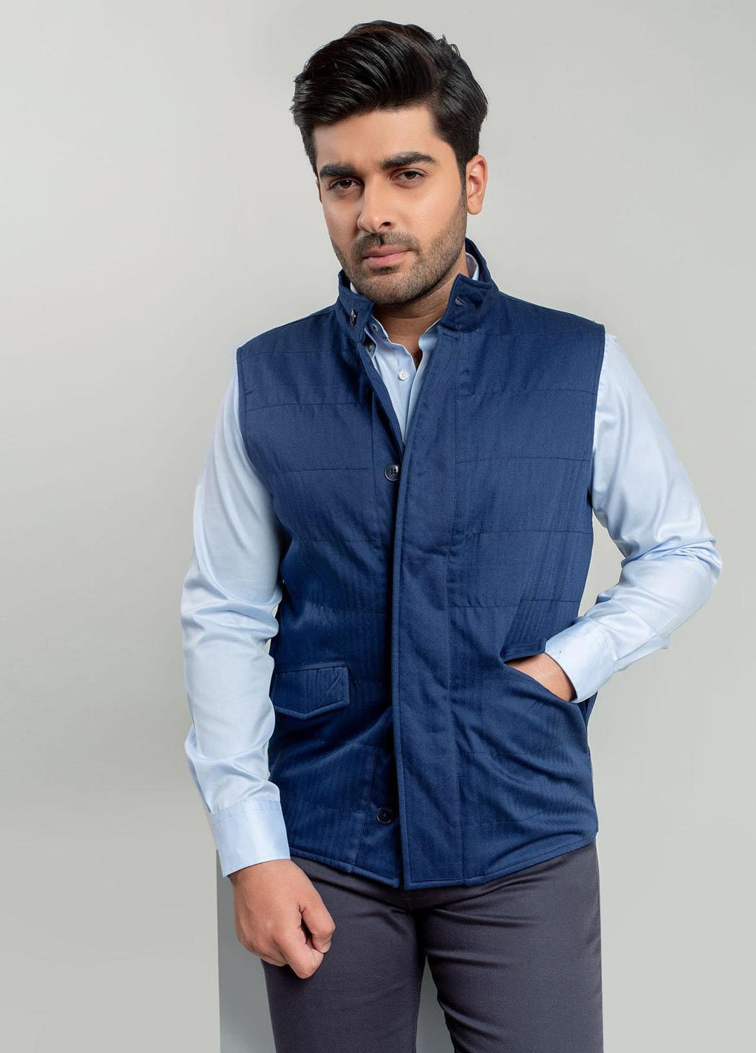 Brumano   Jackets for Men -  BRM-1036 Blue Sleeveless Herringbone