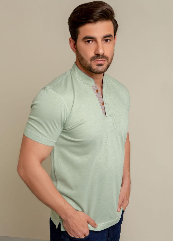 Brumano Cotton Casual Mens Polo Shirts -  Green Mao Collar Dobby Polo Shirt-SS2022