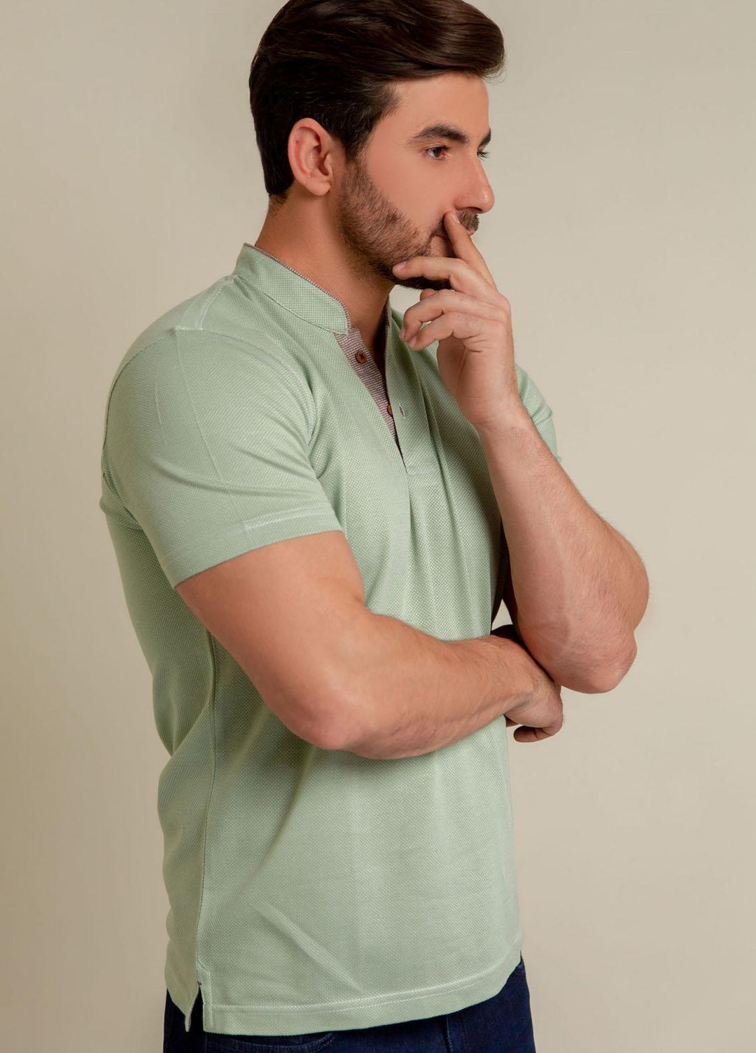 Brumano Cotton Casual Mens Polo Shirts -  Green Mao Collar Dobby Polo Shirt-SS2022