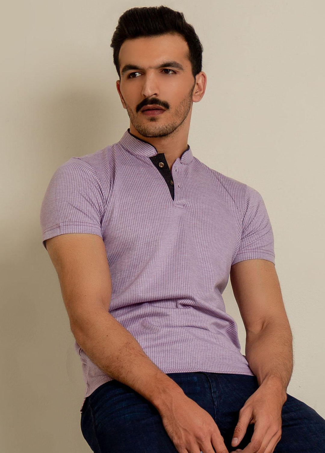 Brumano Cotton Casual Polo Shirts for Mens -  Lilac Herringbone Mao Collar Polo Shirt-SS2022