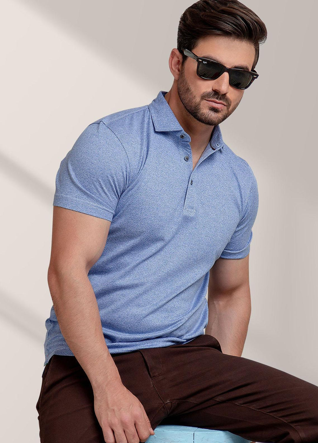 Brumano Cotton Casual Mens Polo Shirts -  Blue Dobby Mercerized Polo Shirt-SS2022
