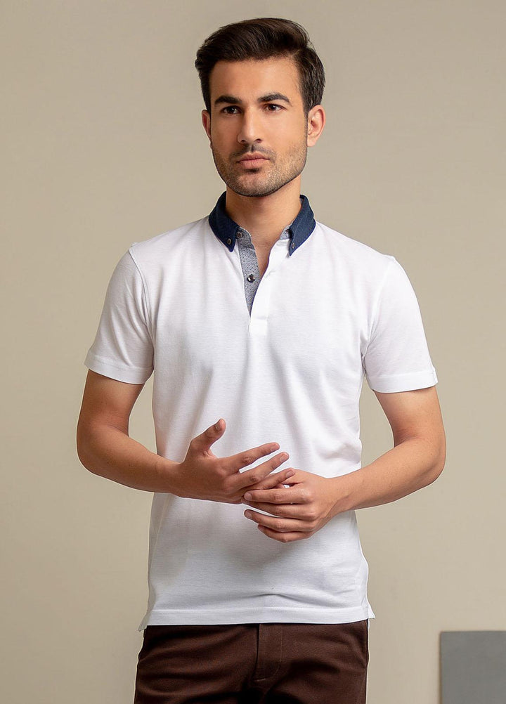 Brumano Cotton Casual Polo Shirts for Mens -  White Pique Polo With Navy Blue Collar-SS2022