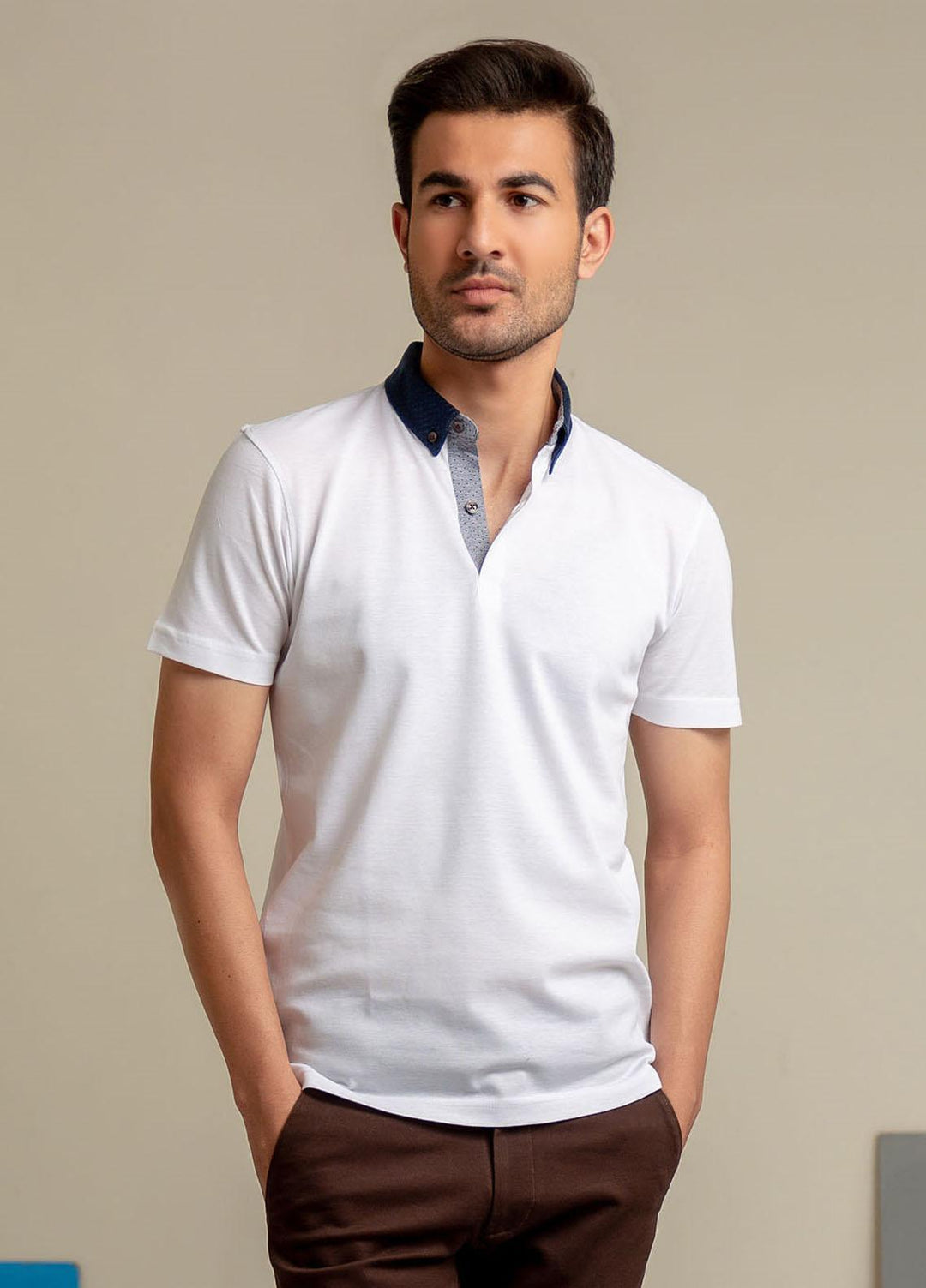 Brumano Cotton Casual Polo Shirts for Mens -  White Pique Polo With Navy Blue Collar-SS2022