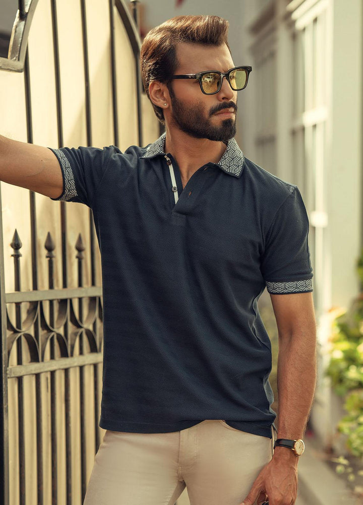 Brumano Cotton  Polo T-Shirt for Men -  Navy Blue Textured Polo With Jacquard Collar BRM-1575
