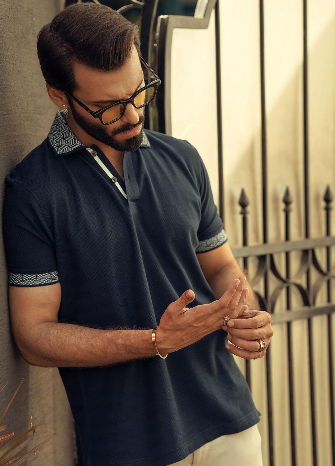 Brumano Cotton  Polo T-Shirt for Men -  Navy Blue Textured Polo With Jacquard Collar BRM-1575