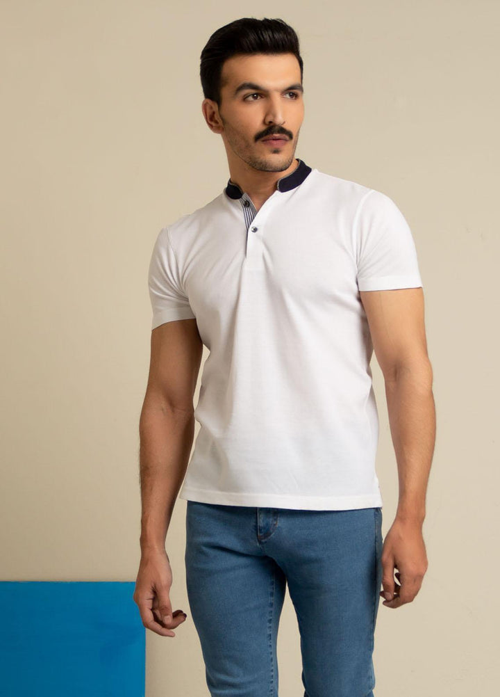 Brumano Cotton  Polo T-Shirt for Men -  White Mao Collar Polo Shirt With Contrasting Collar - SS2022 BRM-1621