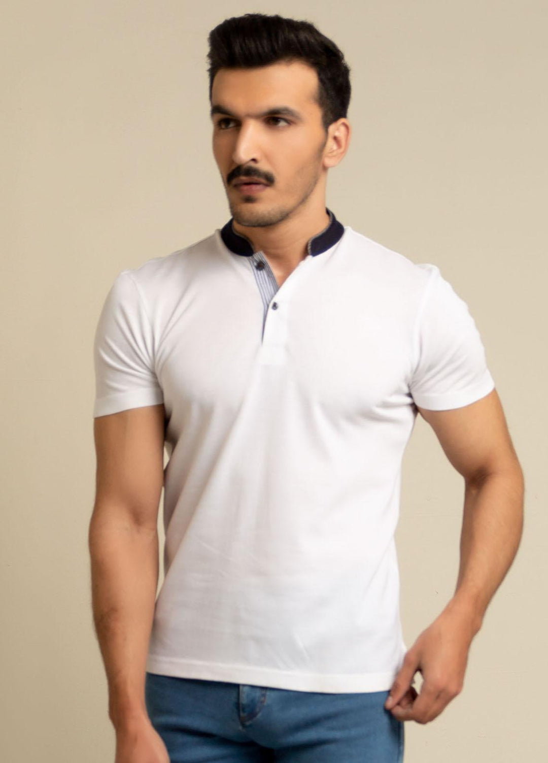 Brumano Cotton  Polo T-Shirt for Men -  White Mao Collar Polo Shirt With Contrasting Collar - SS2022 BRM-1621