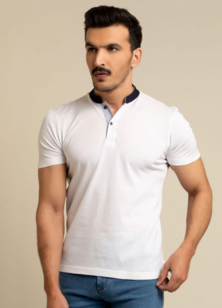 Brumano Cotton  Polo T-Shirt for Men -  White Mao Collar Polo Shirt With Contrasting Collar - SS2022 BRM-1621