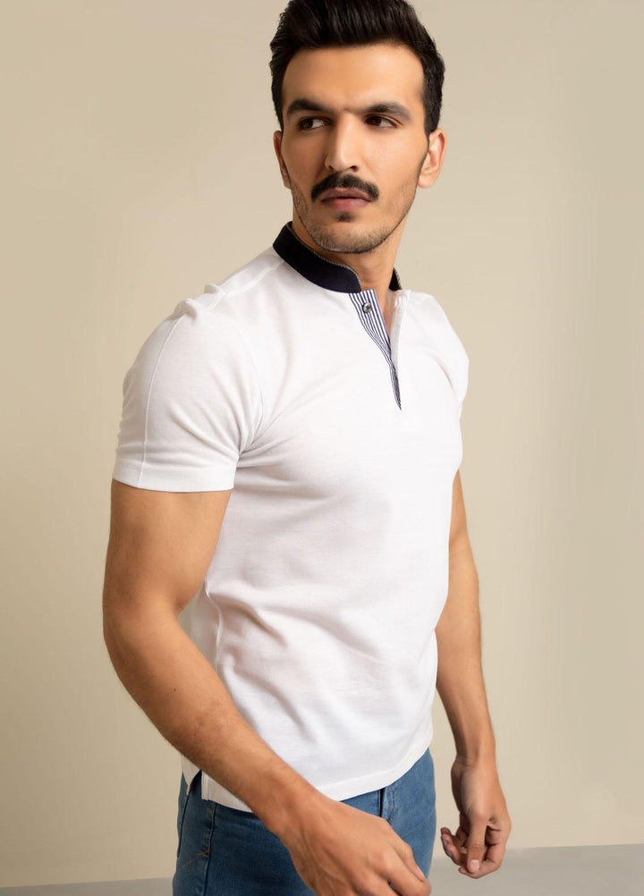 Brumano Cotton  Polo T-Shirt for Men -  White Mao Collar Polo Shirt With Contrasting Collar - SS2022 BRM-1621