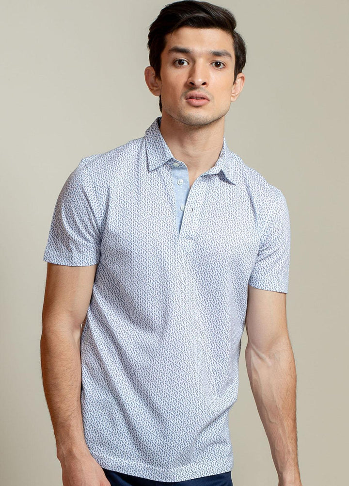 Brumano Cotton Polo T-Shirts for Men -   White & Blue Printed Mercerized Polo Shirt