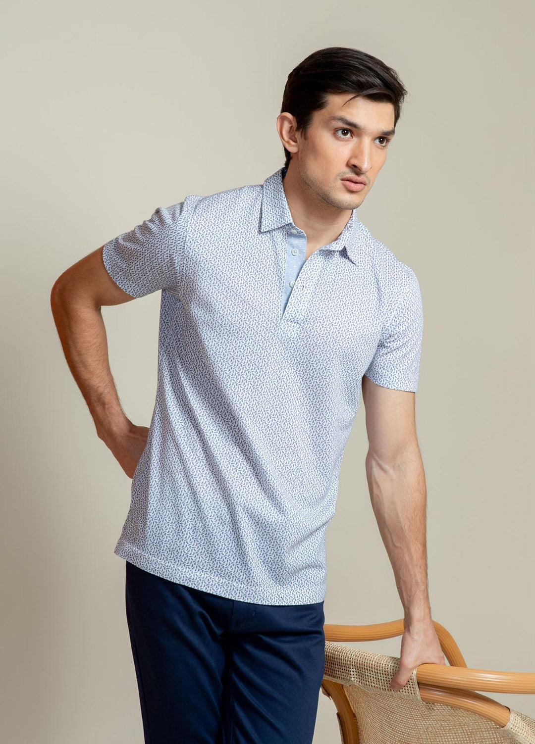 Brumano Cotton Polo T-Shirts for Men -   White & Blue Printed Mercerized Polo Shirt