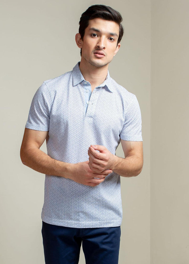 Brumano Cotton Polo T-Shirts for Men -   White & Blue Printed Mercerized Polo Shirt