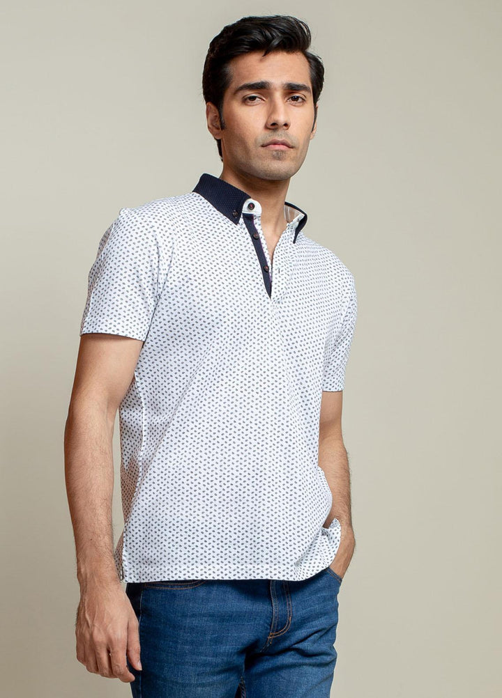 Brumano Cotton Polo Men T-Shirts -   White Printed Polo Shirt With Contrasting Collar