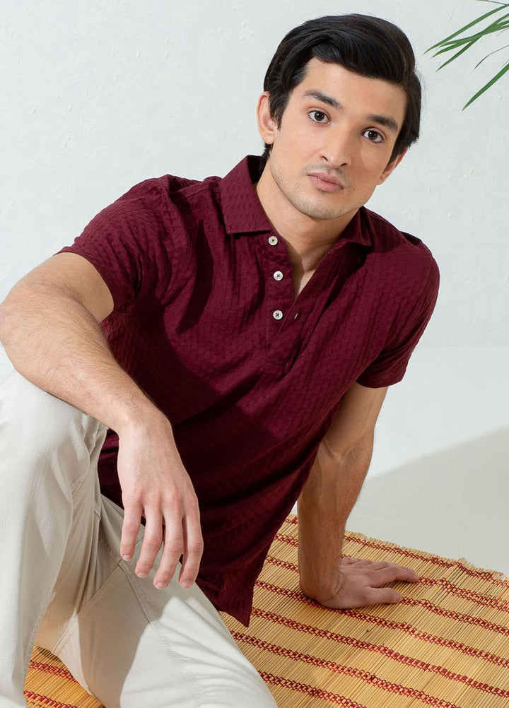 Brumano Cotton Polo Men T-Shirts -   Maroon Textured Polo With Classic Collar
