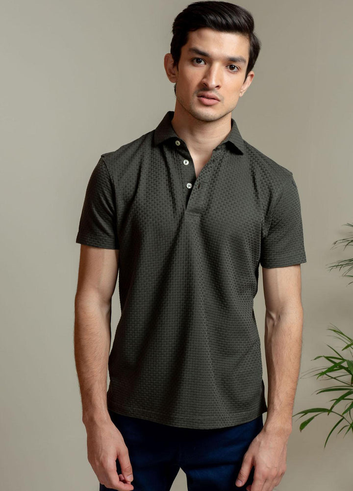 Brumano Cotton Polo T-Shirts for Men -   Olive Textured Polo With Classic Collar