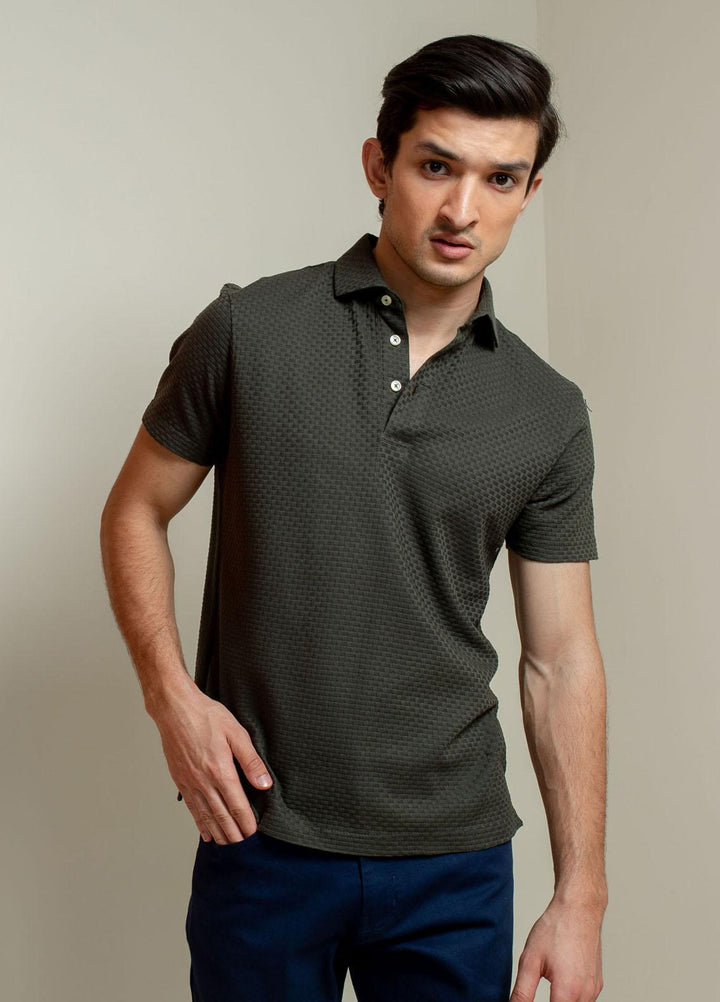 Brumano Cotton Polo T-Shirts for Men -   Olive Textured Polo With Classic Collar