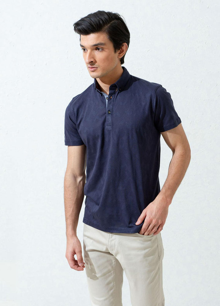 Brumano Cotton Polo Men T-Shirts -   Navy Blue Jacquard Polo Shirt With Detailing