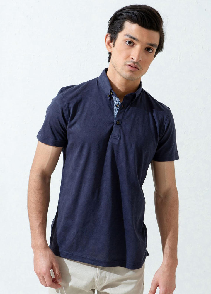 Brumano Cotton Polo Men T-Shirts -   Navy Blue Jacquard Polo Shirt With Detailing
